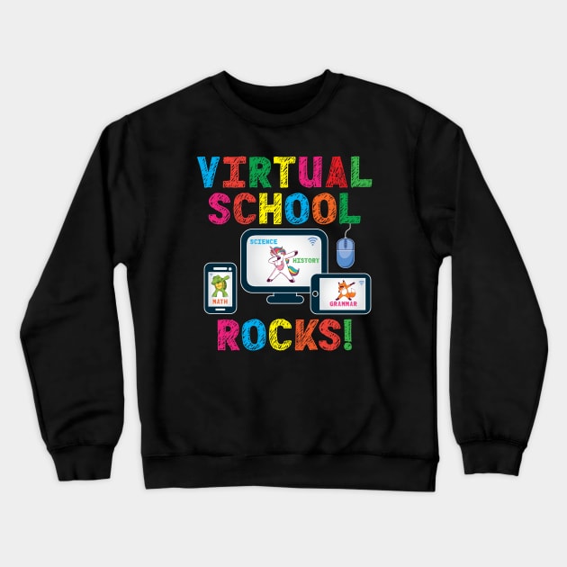 Virtual School Rocks Dabbing Unicorn Turtle Fox On Devices Crewneck Sweatshirt by Rosemarie Guieb Designs